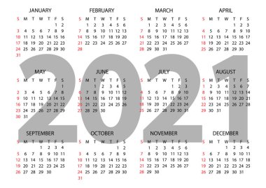 Takvim 2021. Hafta pazar günü başlıyor. Yıllık yatay takvim 2021 şablonu. Takvim tasarımı siyah beyaz renklerle, Pazar günü kırmızı renklerle. Vektör