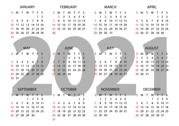 Calendario 2021 Año Semana Comienza Domingo Calendario Horizontal Anual 2021 — Vector de stock