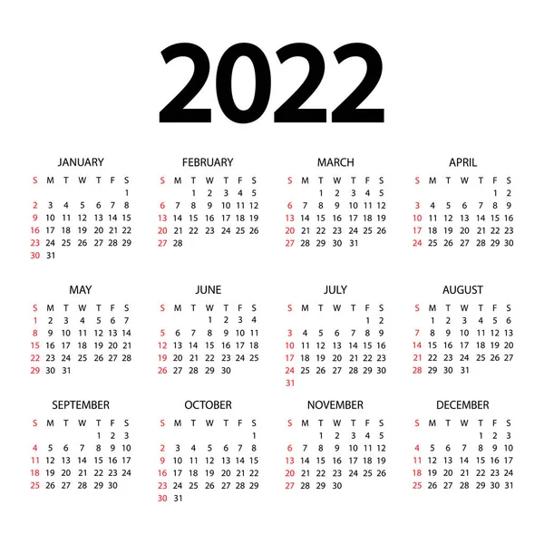 Calendario 2022 Año Semana Comienza Domingo Calendario Anual 2022 Plantilla — Vector de stock