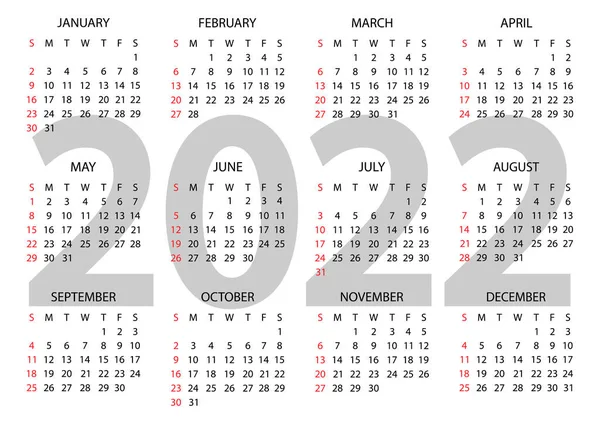 Calendar 2022 Year Vector Illustration Week Starts Sunday Annual Horizontal — Stock Vector