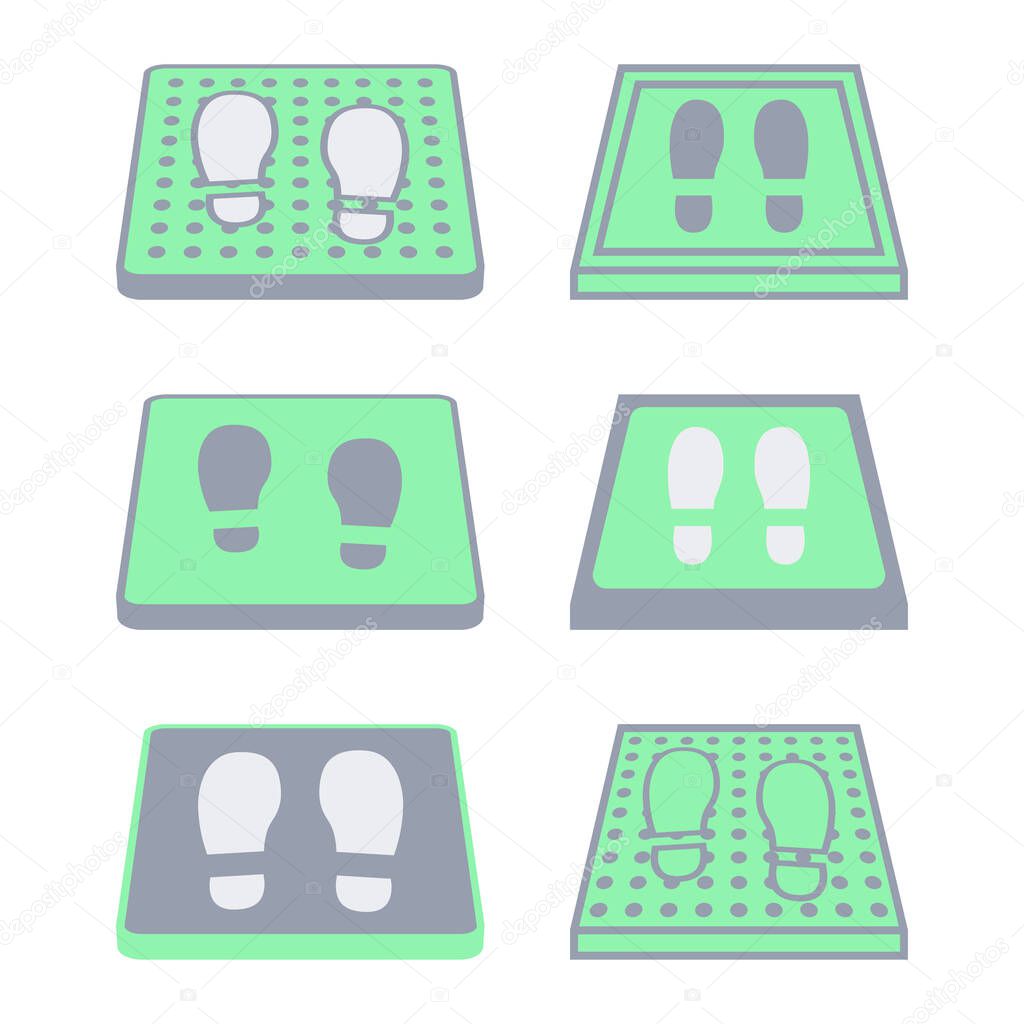 Collection of disinfectant mats. Sanitizing mats. Antibacterial entry rug in green and grey color. Disinfecting carpet for shoes. Vector illustration isolated on white background