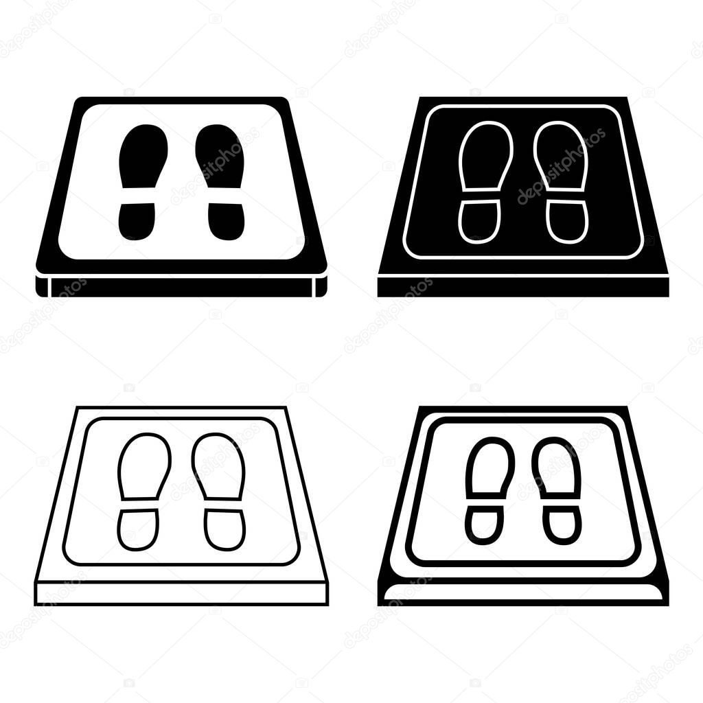 Sanitizing mats simple icons. Antibacterial equipped in flat style. Disinfection carpet for shoes. Set of disinfectant mats. Vector illustration isolated on white background