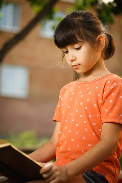 かわいい女の子は晴れた日、国際識字の日に屋外で読書しています. — ストック写真