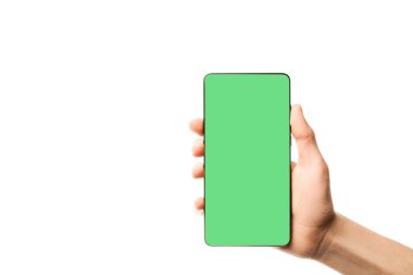 yeşil ekran gölge ile beyaz arka plan üzerinde ellerde akıllı telefon