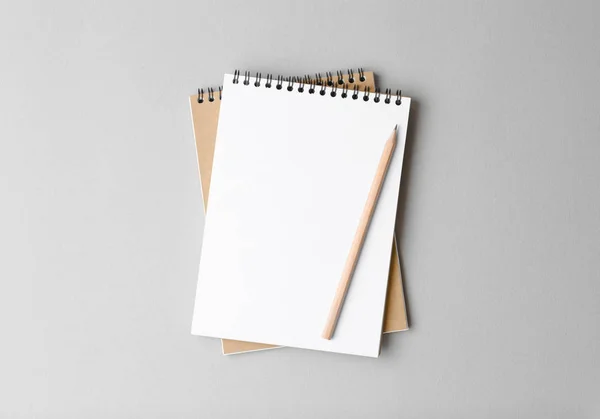 Bovenaanzicht van een open notitieboekje met potlood op een grijze achtergrond — Stockfoto