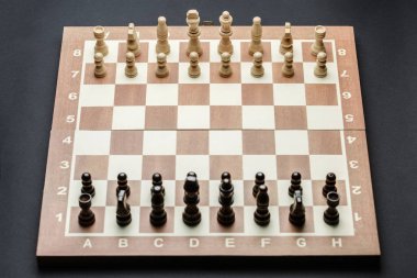 karanlık bir arka plan karşı, bir satranç tahtası üzerinde satranç taşları.