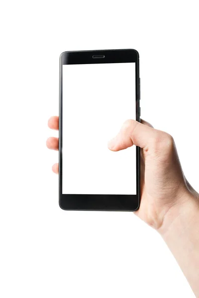 Smartphone in hands isolated on white background with clean white screen — Stock Photo, Image