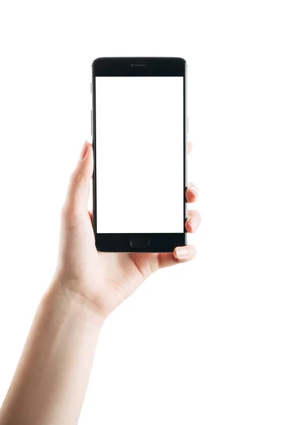 Ręka trzyma smartfon odizolowany na białym — Zdjęcie stockowe