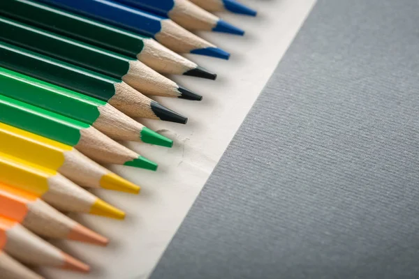 Colored pencils in row on a gray background top view. — Stock Photo, Image