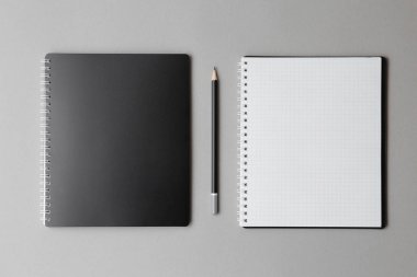 gri arka plan üzerinde kalem ile açık siyah bir dizüstü üst görünümü