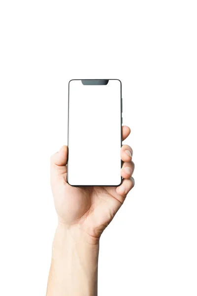 Telefon w rękach na białym, bezramowa telefon, smartphone z cienkich ramek — Zdjęcie stockowe
