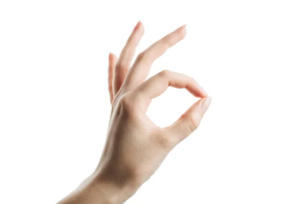 Mooie vrouwelijke hand toont OK met een open Palm. — Stockfoto