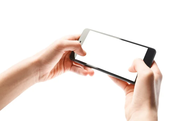 Smartfon w rękach wyizolowany białym tłem z czystym białym ekranem — Zdjęcie stockowe