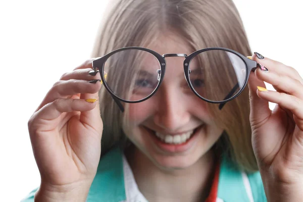 Menina com óculos no fundo branco isolado — Fotografia de Stock