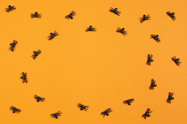 background for halloween, spiders on an orange table