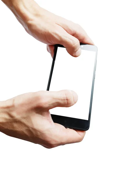 Człowiek ręka trzyma poziomo czarny smartfon — Zdjęcie stockowe