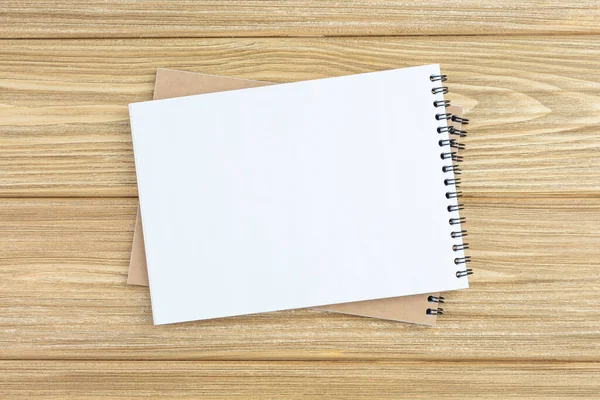 Blank Paper Notebook Brown Wooden Table Background Top View Copy