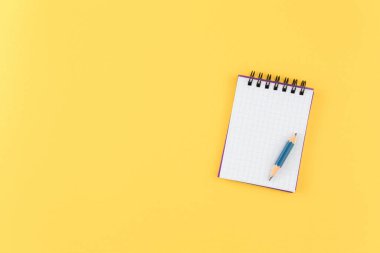 Sarı arka planda düz bir kalem ile dizüstü bilgisayar.