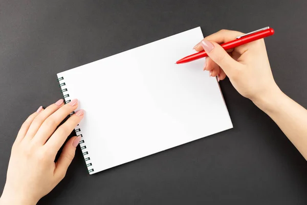 Руки держать открытые страницы блокнота с красной ручкой — стоковое фото