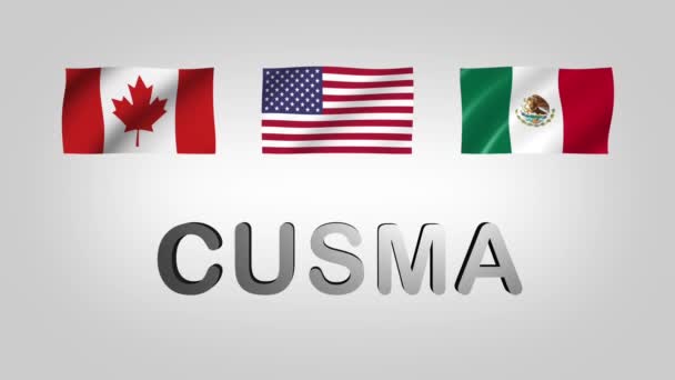 墨西哥和加拿大国旗缓慢地挥动着Cusma的文字 新北美贸协 — 图库视频影像
