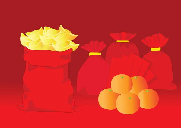 金のお金と赤のバッグ 封筒赤とオレンジの果実赤の背景イラストベクトル — ストック写真