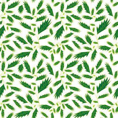 Beyaz arka planda yeşil yapraklı pürüzsüz desen. Giysi ve eşya tekstil ürünleri, kağıt ürünleri, iç ve arka planda sosyal ağlar için kullanılabilir..