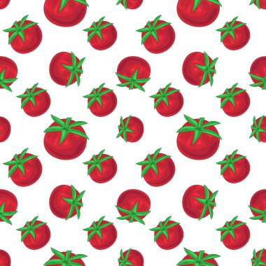 Beyaz arka planda domatesli kusursuz desen. Giysi ve eşya tekstil ürünleri, kağıt ürünleri, iç ve arka planda sosyal ağlar için kullanılabilir..