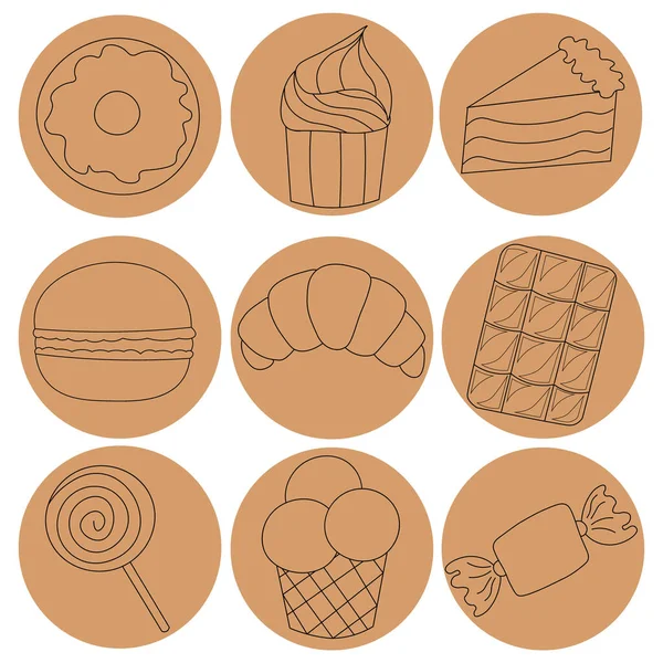Iconos sobre el tema de los dulces sabrosos — Vector de stock
