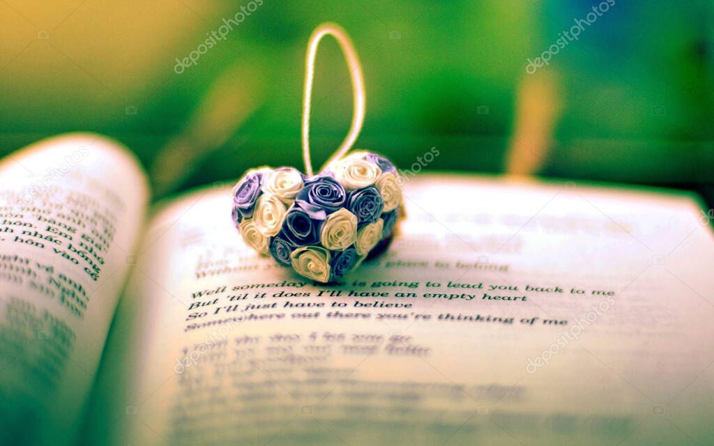Heart shape by flower on book page and Book, valentine day, happy love.