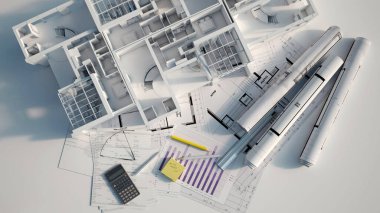 İpotek başvuru formu, hesap makinesi, planlar vs. içeren beyaz bir yüzey üzerindeki bir apartman binasının 3B görüntülenmesi..