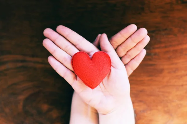 Herz Hand Für Wohltätigkeitskonzept Frau Hält Rotes Herz Zum Valentinstag — Stockfoto