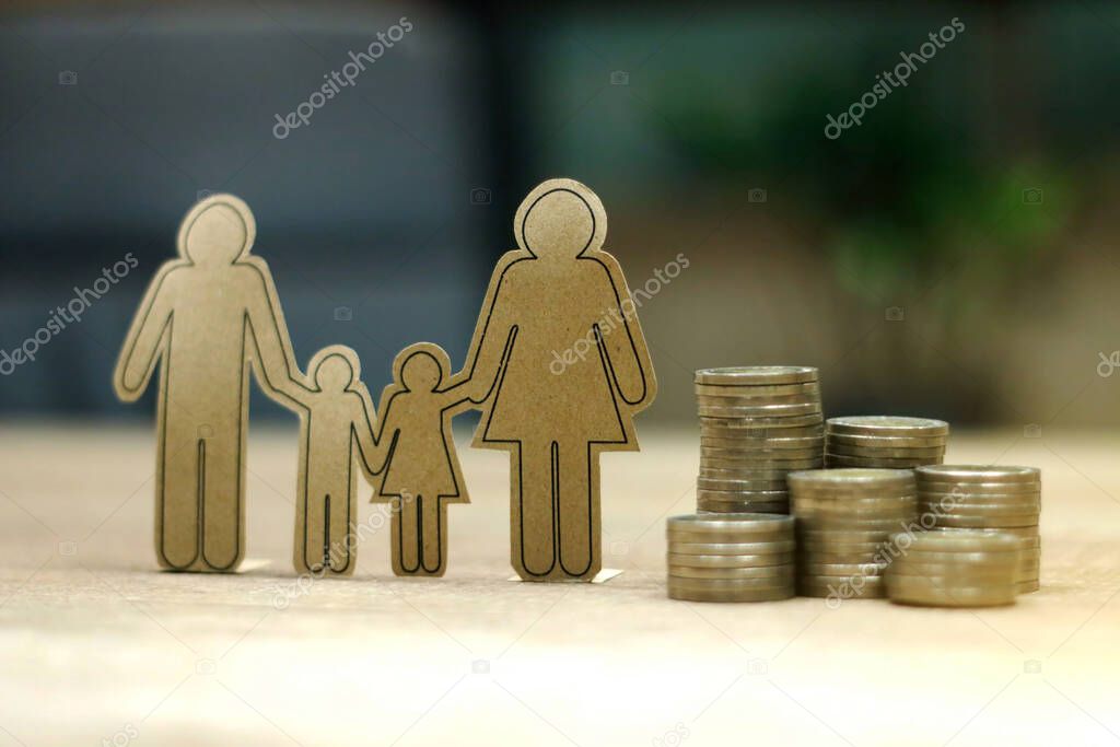 Sustainable financial goal for family life concept. parent & child with rows of rising coins, depicts savings or growth for new family 
