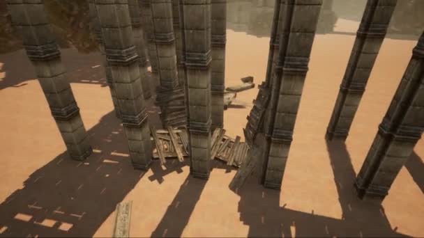 砂漠に囲まれた荒涼とした遺跡を基にした 平面的なデザインコンセプトの3Dレンダリングされた映画シーンです — ストック動画