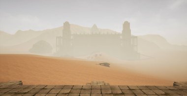 Bu, çöl harabeleriyle çevrili antik ıssız harabelere dayanan bir düzey tasarım konseptinin üç boyutlu çizimleri..