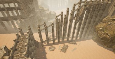 Bu, çöl harabeleriyle çevrili antik ıssız harabelere dayanan bir düzey tasarım konseptinin üç boyutlu çizimleri..