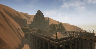 Bu, çöl harabeleriyle çevrili antik ıssız harabelere dayanan bir düzey tasarım konseptinin üç boyutlu çizimleri..