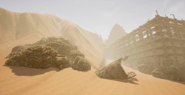 Bu, çöl harabeleriyle çevrili antik ıssız harabelere dayanan bir düzey tasarım konseptinin üç boyutlu çizimleri..