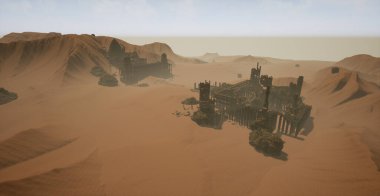 Bu, çöl harabeleriyle çevrili antik ıssız harabelere dayanan bir düzey tasarım konseptinin üç boyutlu çizimleri..