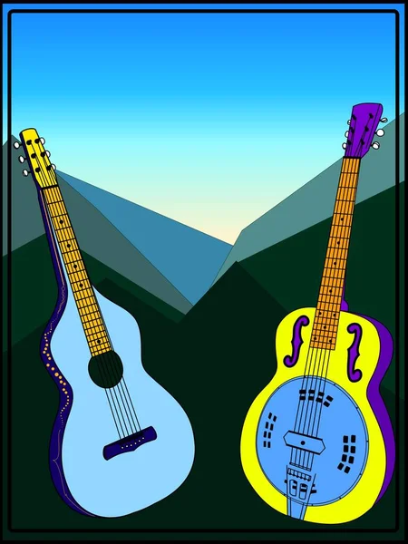 Dağlar Dobro Gitarı Akustik Kucak Gitarı Günbatımı — Stok Vektör