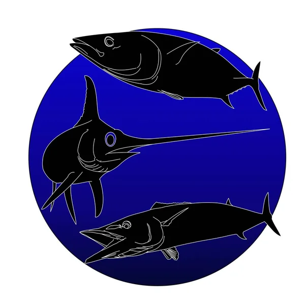 深い海の青い丸でメカジキ ワフー スキップジャックマグロ — ストックベクタ