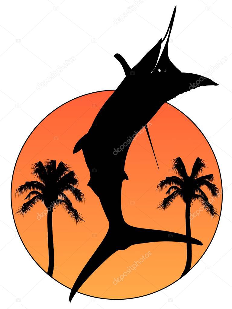 Jumping marlin silhouette and palm trees in a sunset