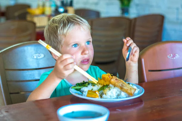Beristirahatlah. Makanan vegetarian bisa lezat untuk semua orang. Anak laki-laki makan nasi dan sayuran rebus di piring putih dengan sumpit di kafe vegetarian Asia sederhana. Sehat makan, merawat konsep hewan — Stok Foto