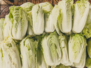 Yakın çekim yığını, yerel bir Asya çiftçi pazarında çiğ lahana yığını. Yemek pişirme ve sağlıklı gıda konsepti, güçlü bağışıklık için vitaminler, iyi bir besin değeri. Açık yeşil arkaplan