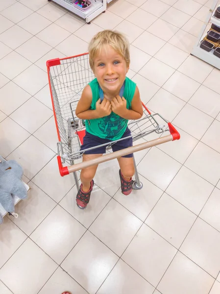 Anak duduk di keranjang belanja di supermarket meminta untuk membeli mainan belanja baru dengan konsep anak — Stok Foto