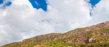 Mavi gökyüzü ve gün ışığında bir sürü beyaz büyük bulut. Doğal gökyüzü, dağlar ve bir sürü yeşil ağaç ve çimen bileşimi. Tasarım veya duvar kağıdı için ideal