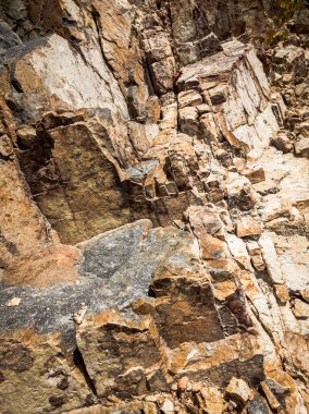 Doğal arka plan. Yakın kenarlı, eski püskü uçurum çatlakları. Dağların gri-kahverengi kaya dokusu. Renkli fotoğrafta eski ve soluk Matt tarzı renkler. Geolog, dağcılık ya da sıkı çalışma kavramı