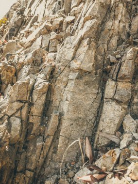 Doğal arka plan. Yakın kenarlı, eski püskü uçurum çatlakları. Dağların gri-kahverengi kaya dokusu. Renkli fotoğrafta eski ve soluk Matt tarzı renkler. Geolog, dağcılık ya da sıkı çalışma kavramı