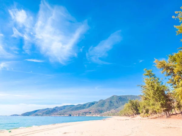 Deep blue turquoise sea panorama with long sand beach with forest under cloudy sky background. Tropical holiday paradise, the end of quarantine Covid 19 isolation - beginning of normal life again — Stock Photo, Image