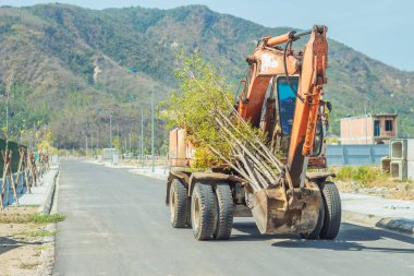 Büyük sarı kazıcı, güneşli bir günde mavi gökyüzü ve dağ zemininin altındaki yeni modern bölge yol inşaatında ağaç dalları taşıyor. Sivil inşaat endüstrisi