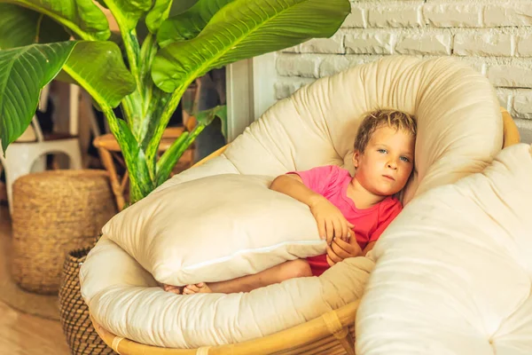 Blond pruilen beledigd boos of schrikken jongen in roze tshirt verscholen knieën zitten onder het kussen in een ronde modieuze stoel in de woonkamer in een huis indoor. Familie relatie, kinderproblemen gedrag — Stockfoto